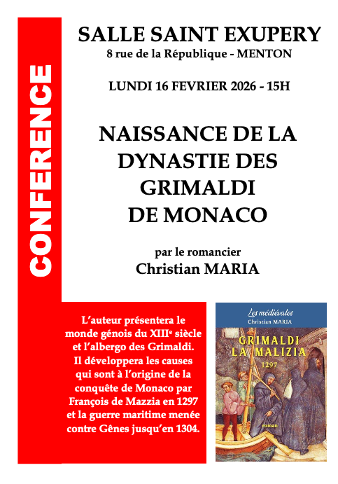 LUNDI 16 FEVRIER 2026 - 15H Conférence à Menton sur la dynastie des Grimaldi