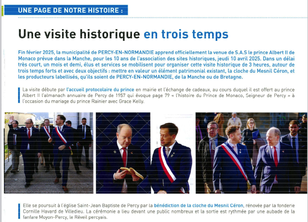 Extraits du Mag municipal de Percy-en-Normandie, à la suite de la visite de S.A.S. le Prince Souverain en avril dernier